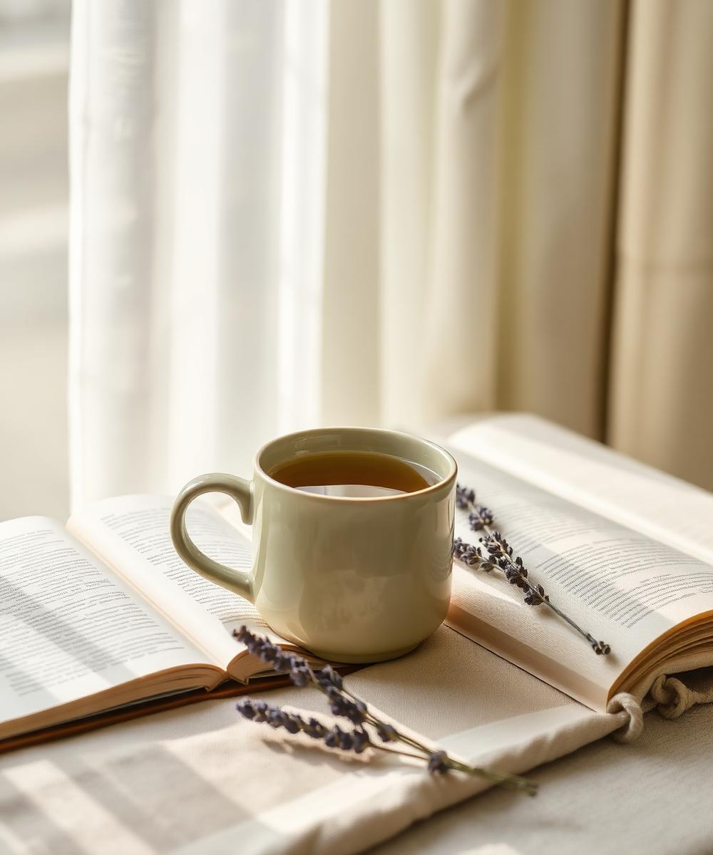 A warm mug of herbal tea resting on an open journal beside dried lavender in soft morning light