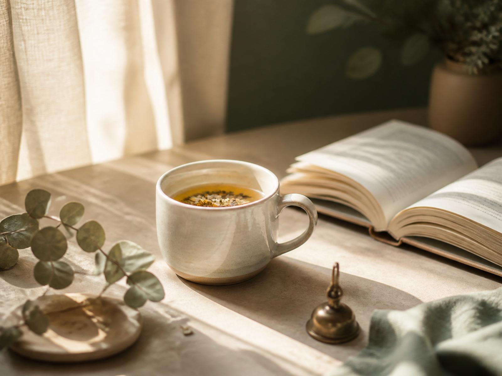 A calm morning ritual: herbal tea, an open book, and eucalyptus